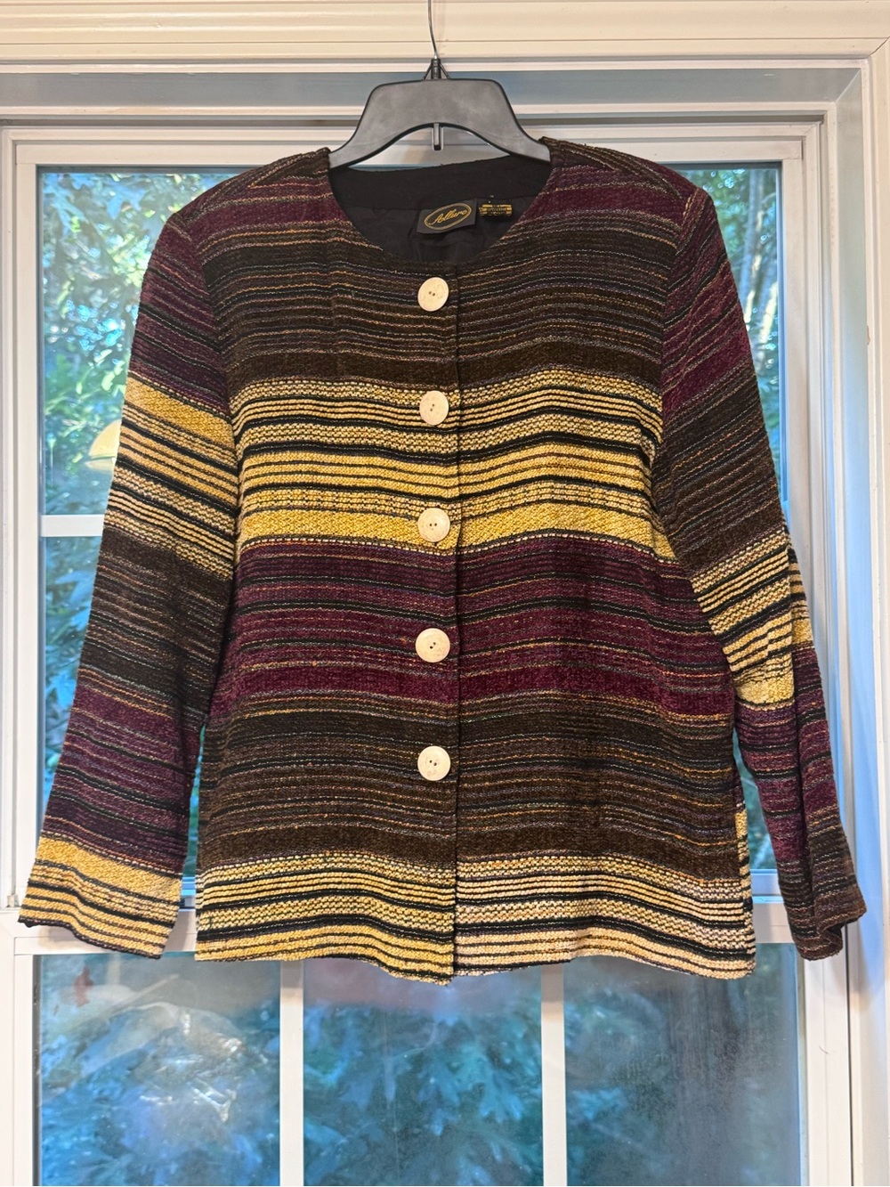 Allure Womens L Striped Woven Jacket Buttons Boho Art Wear-0220